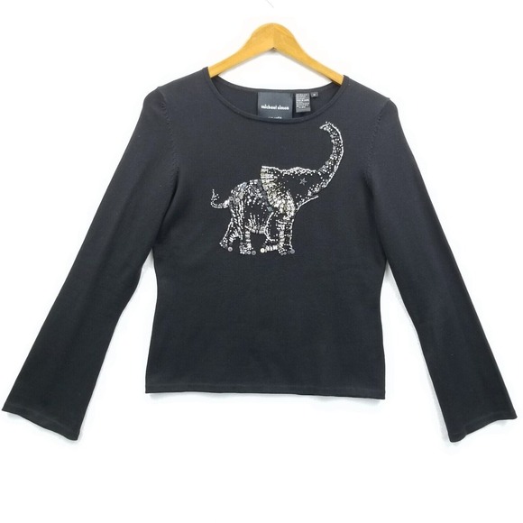 Michael Simon Sweaters - Vintage Michael Simon Sweater Women M Black Beaded Elephant Silk Cotton Pullover